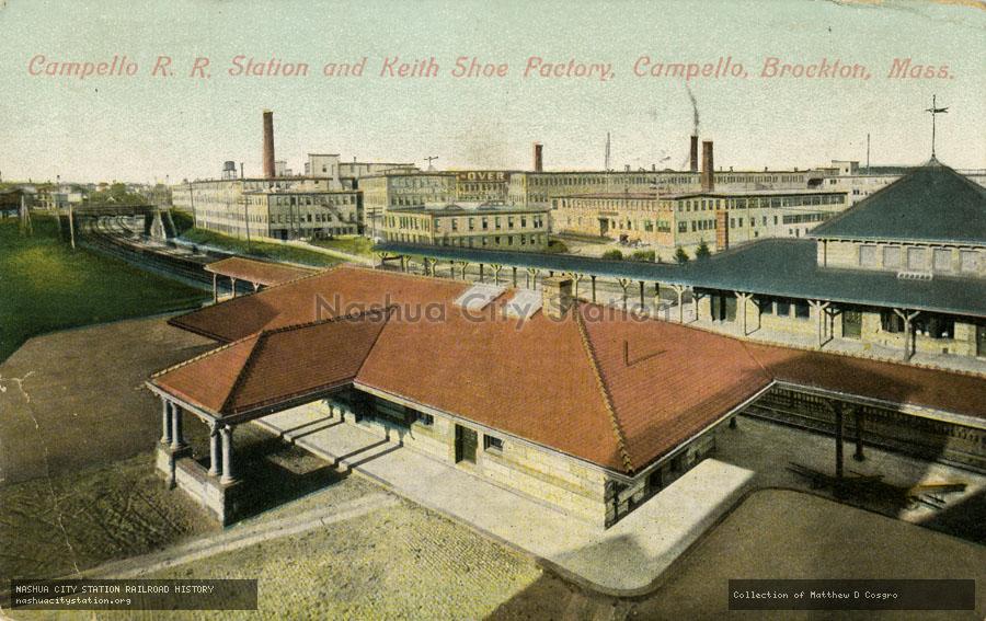 Postcard: Campello Railroad Station and Keith Shoe Factory, Campello, Brockton, Massachusetts